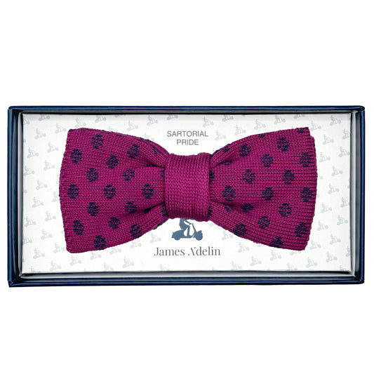 Magenta/Navy Luxury Mens Italian Knitted Cotton Spotted Weave Bow Ties