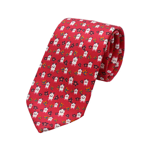 Red Mens Italian Pure Silk Printed Frogs and Flowers Neck Ties