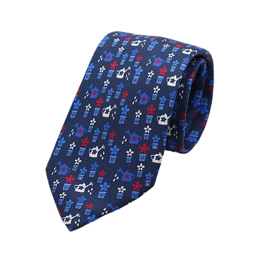 Navy Mens Italian Pure Silk Printed Pots and Plants Neck Ties