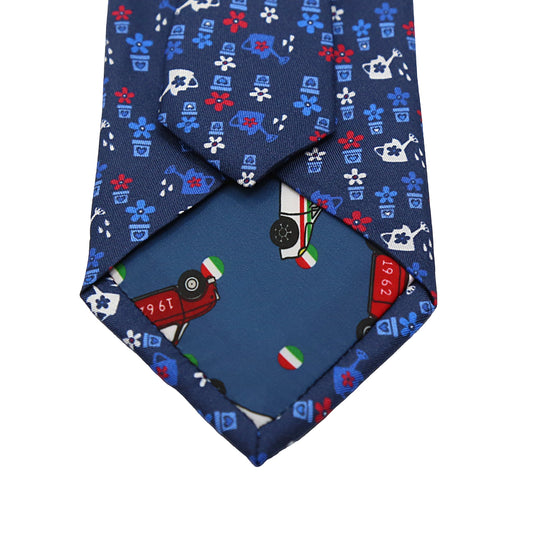Navy Mens Italian Pure Silk Printed Pots and Plants Neck Ties