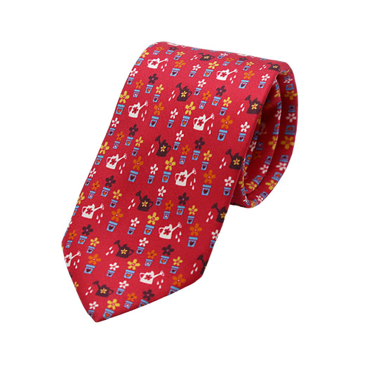 Red Mens Italian Pure Silk Printed Pots and Plants Neck Ties