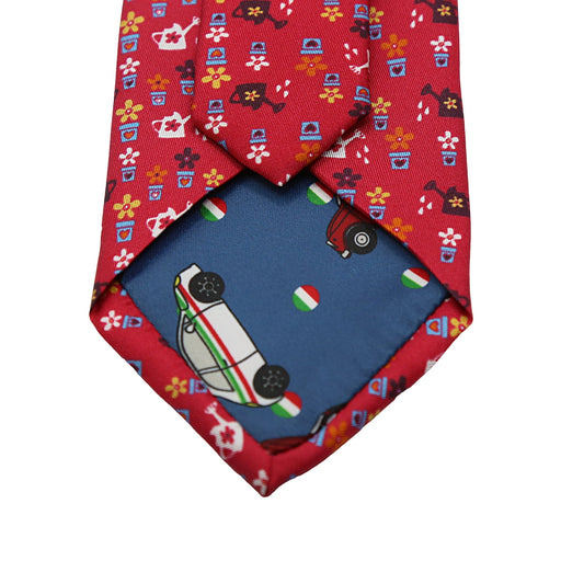 Red Mens Italian Pure Silk Printed Pots and Plants Neck Ties