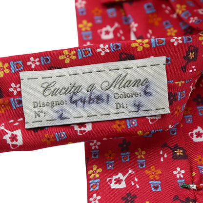 Red Mens Italian Pure Silk Printed Pots and Plants Neck Ties