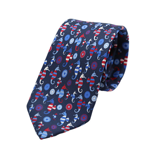 Navy Mens Italian Pure Silk Printed Sea Horses Neck Ties