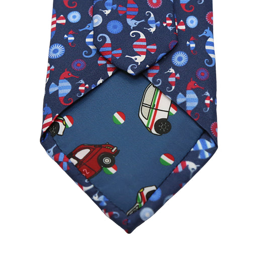 Navy Mens Italian Pure Silk Printed Sea Horses Neck Ties