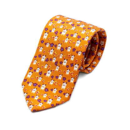 Orange Mens Italian Pure Silk Printed Frogs and Flowers Neck Ties