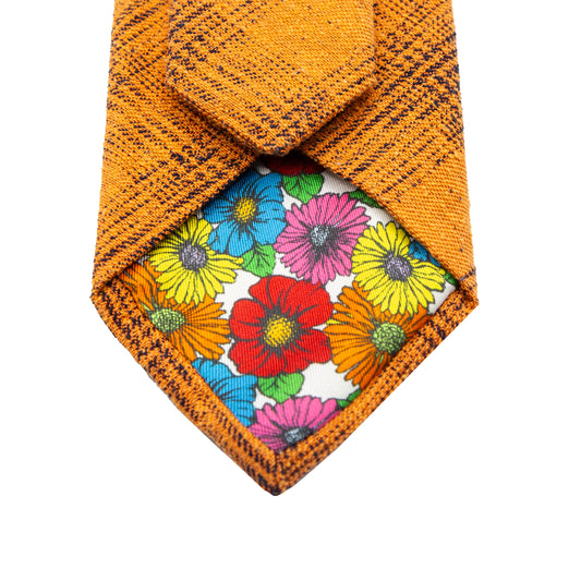 Orange Italian Heavy Woven Textured Check Silk Neck Tie