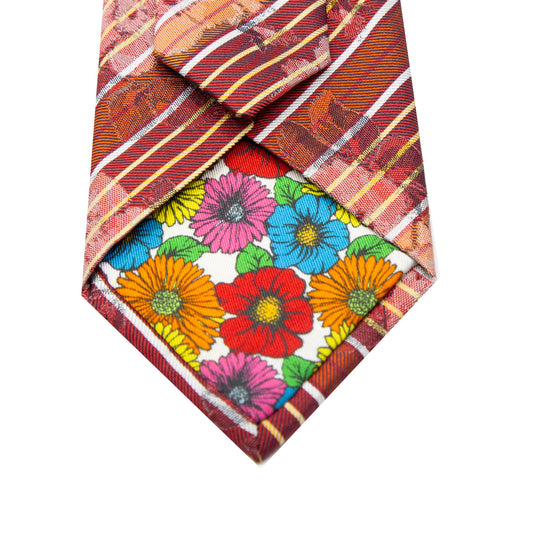 Orange Mens Italian Striped Floral Silk Neck Tie