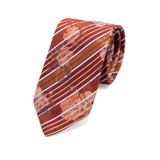 Orange Mens Italian Striped Floral Silk Neck Tie