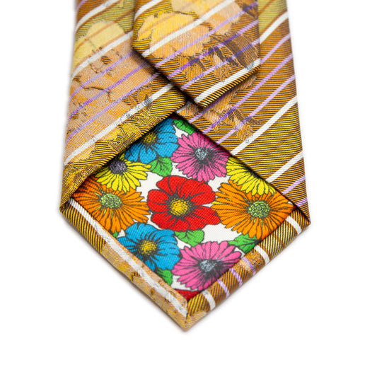 Gold/Orange Mens Italian Striped Floral Silk Neck Tie