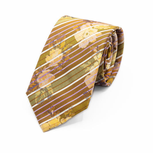 Gold/Orange Mens Italian Striped Floral Silk Neck Tie