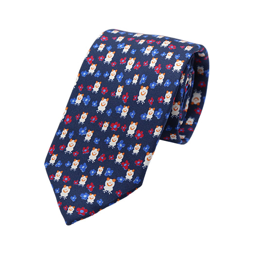 Navy Mens Italian Pure Silk Printed Frogs and Flowers Neck Ties