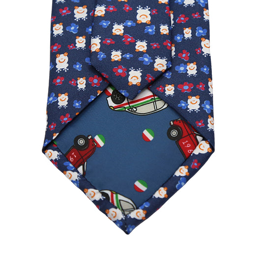 Navy Mens Italian Pure Silk Printed Frogs and Flowers Neck Ties
