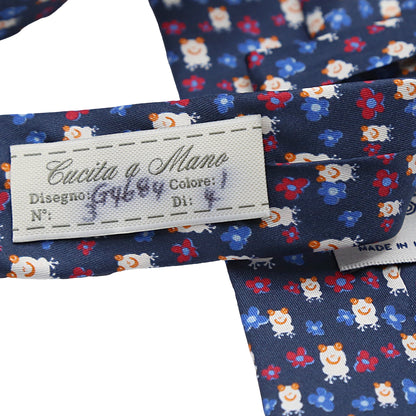 Navy Mens Italian Pure Silk Printed Frogs and Flowers Neck Ties