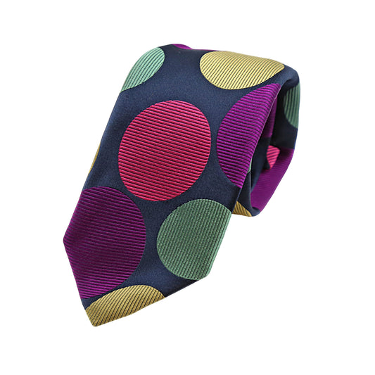 Black Mens Italian Pure Silk Satin Coloured Circles Neck Ties
