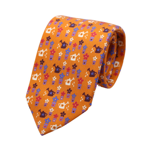Orange Mens Italian Pure Silk Printed Pots and Plants Neck Ties