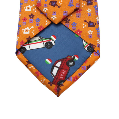 Orange Mens Italian Pure Silk Printed Pots and Plants Neck Ties