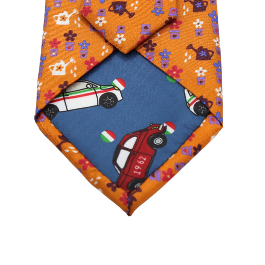 Orange Mens Italian Pure Silk Printed Pots and Plants Neck Ties