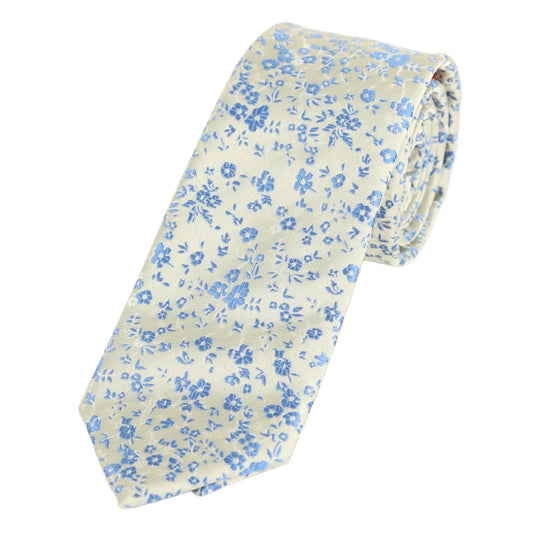 Beige/Slate Blue Luxury Floral Weave Neck Tie