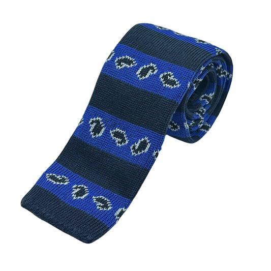Navy Mens Italian Block Stripe with Paisley Motif Knitted Weave Neck Ties