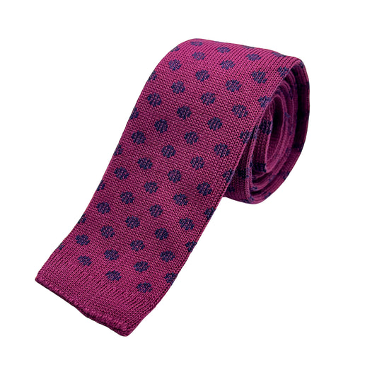Magenta/Navy Mens Italian Knitted Cotton Spotted Weave Neck Ties