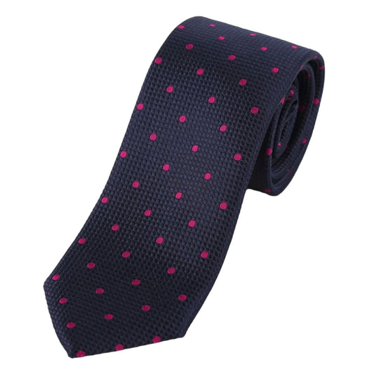 Navy/Magenta Pure Silk Polka Dot Square Weave Neck Tie