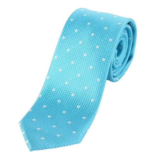 Turquoise/White Pure Silk Polka Dot Square Weave Neck Tie