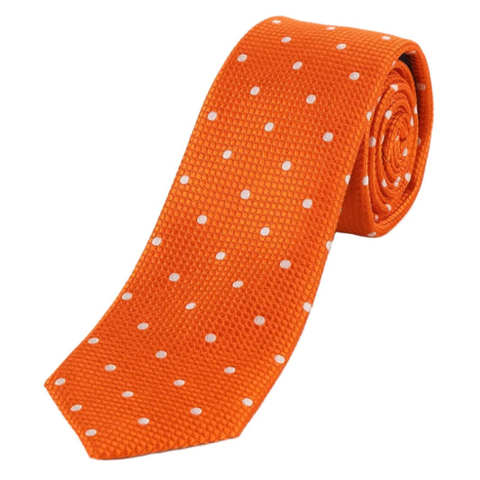 Orange/White Pure Silk Polka Dot Square Weave Neck Tie
