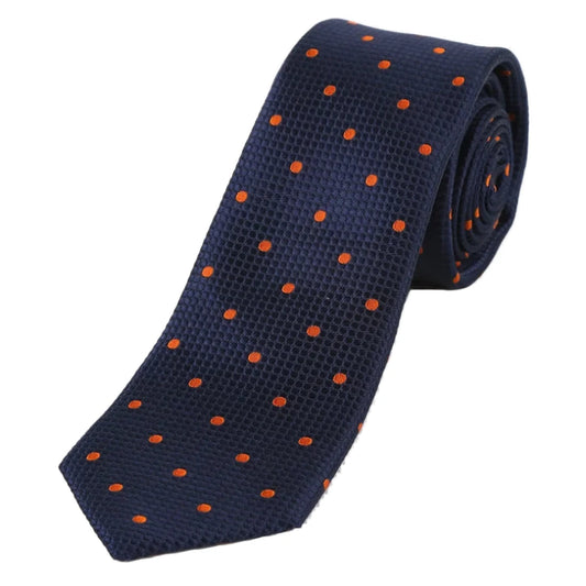 Navy/Orange Pure Silk Polka Dot Square Weave Neck Tie
