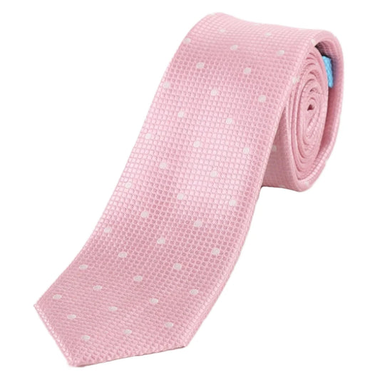 Pink/White Pure Silk Polka Dot Square Weave Neck Tie