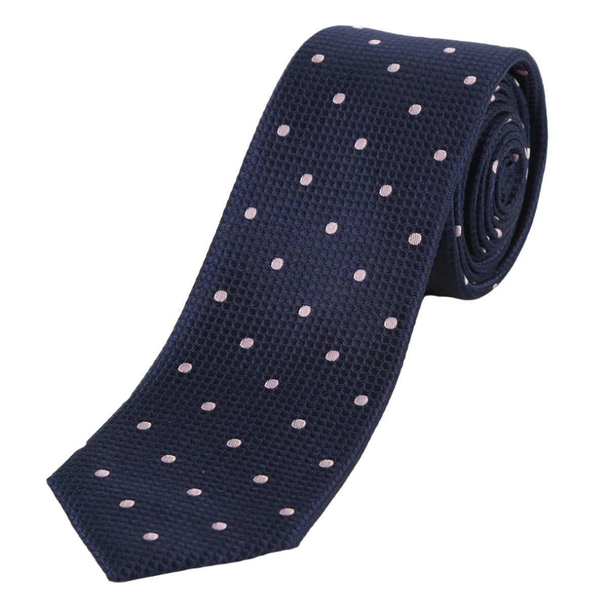 Navy/Pink Pure Silk Polka Dot Square Weave Neck Tie