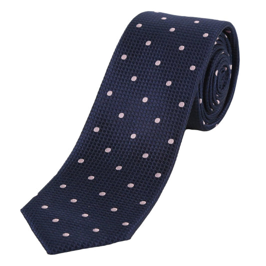 Navy/Pink Pure Silk Polka Dot Square Weave Neck Tie