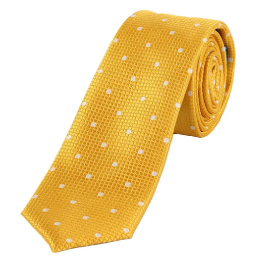 Gold/White Pure Silk Polka Dot Square Weave Neck Tie