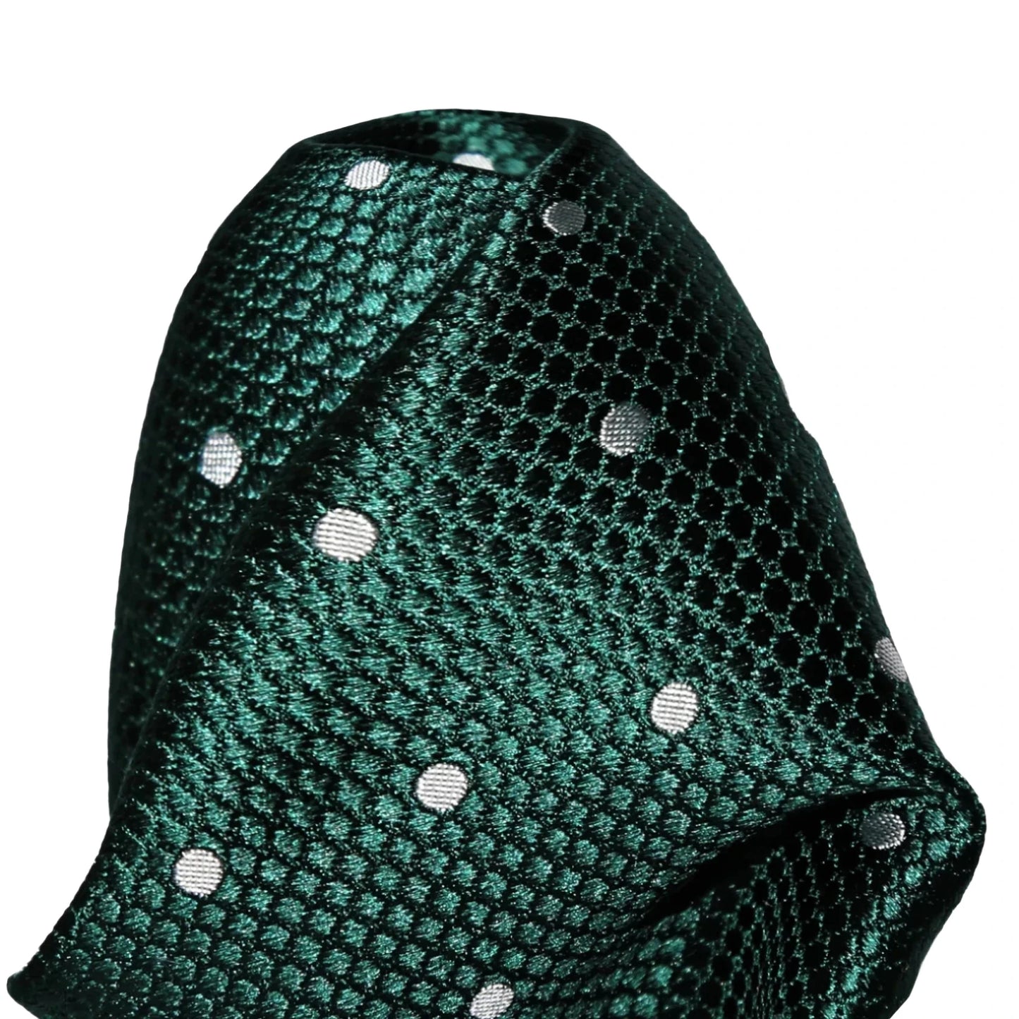 Dark Green/White Pure Silk Polka Dot Square Weave Pocket Square