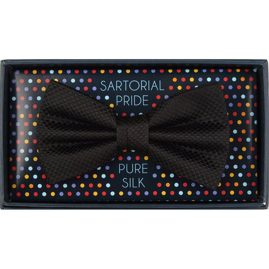 Black Pure Silk Textured Square Weave Bow Tie