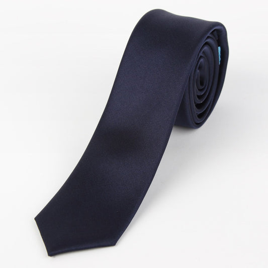 Navy Pure Silk Solid Satin Weave Skinny Neck Tie