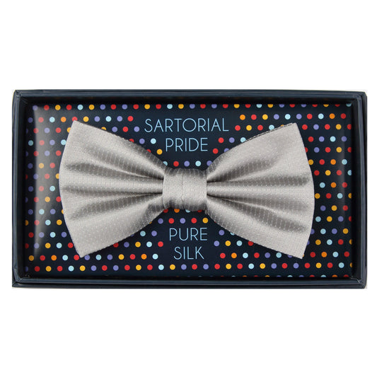 Silver Pure Silk Micro Spotted Satin Weave Bow Tie