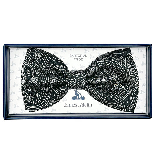 Black/Silver Italian Luxury Mens Silk Paisley Weave Pre-Tied Bow Tie