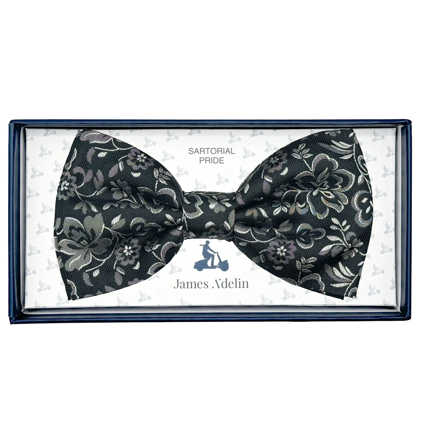 Black/Grey Italian Luxury Mens Silk Floral Weave Pre-Tied Bow Tie