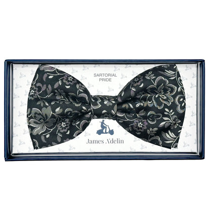Black/Grey Italian Luxury Mens Silk Floral Weave Pre-Tied Bow Tie