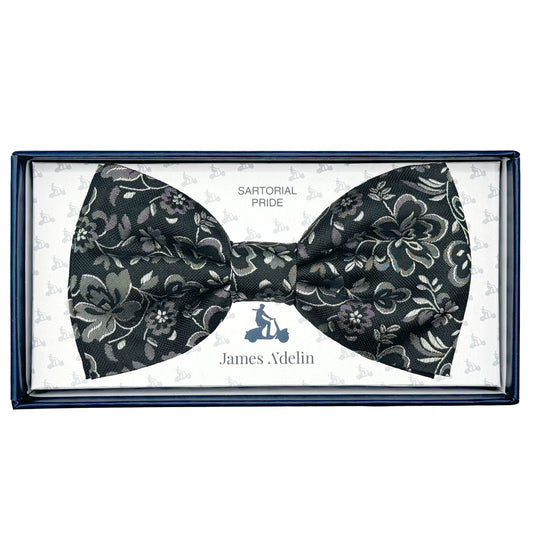 Black/Grey Italian Luxury Mens Silk Floral Weave Pre-Tied Bow Tie