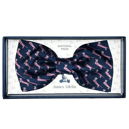 Navy/Pink Italian Mens Silk Textured Dog Motif Weave Pre-Tied Bow Tie