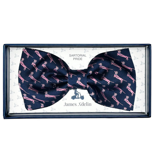 Navy/Pink Italian Mens Silk Textured Dog Motif Weave Pre-Tied Bow Tie
