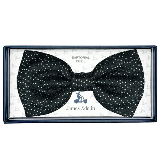 Black/White Italian Mens Silk Textured Spotted Weave Pre-Tied Bow Tie