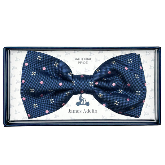 Navy/Pink Italian Mens Silk Textured Spotted Motif Weave Pre-Tied Bow Ties