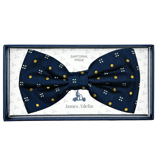 Navy/Gold Italian Mens Silk Textured Spotted Motif Weave Pre-Tied Bow Ties