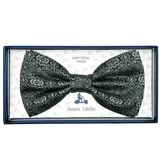 Black/Silver Italian Mens Silk Vintage Geometric Weave Pre-Tied Bow Tie