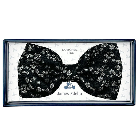 Black/Grey Italian Luxury Mens Silk Textured Mini Floral Weave Pre-Tied Bow Tie