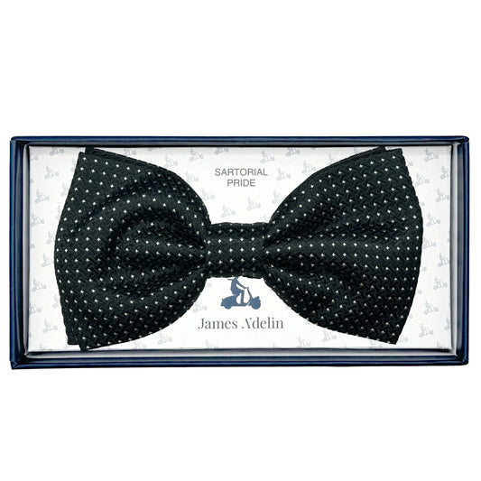 Black Italian Luxury Mens Silk Textured Mini Spotted Weave Pre-Tied Bow Tie