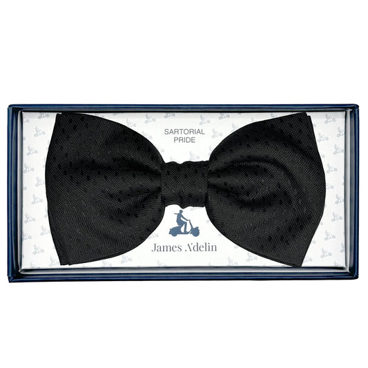Black Italian Luxury Mens Silk Textured Tonal Spotted Weave Pre-Tied Bow Tie